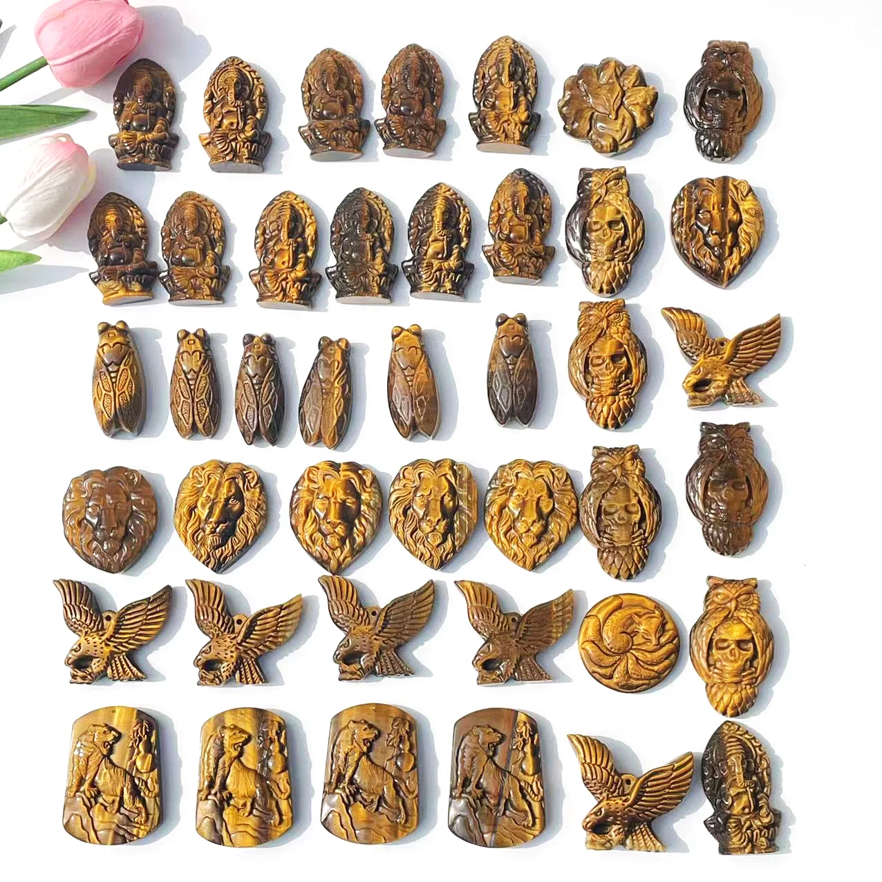 wholesale price hot sale crystals carved stone crafts natural tiger eye quartz cicada owl with skulls carving for sale