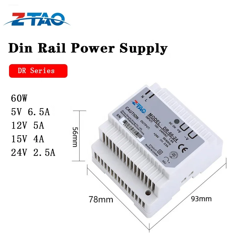 15W 60W 120W 240W 480W DC 5V 12V 24V 36V 48V Smps Din Rail Mounted Switching Mode Power Supply for Industrial Control