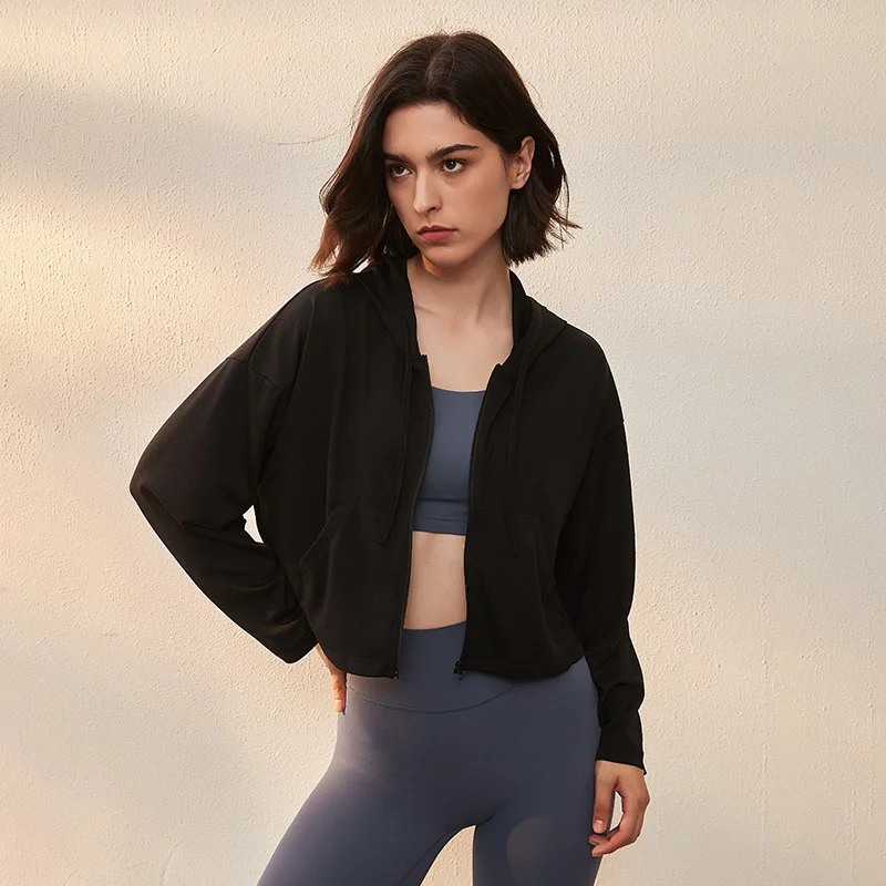 High elastic quick dry sports jacket loose thin yoga top fitness clothing hooded jacket sun protection women