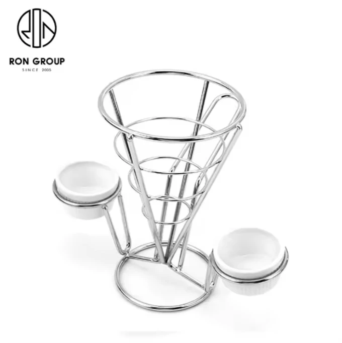 Restaurant Bar Kitchenware Stainless Steel Stand Cone Matel Double Chip Fries Rack French Fries Holder with Salad Dipping Cup