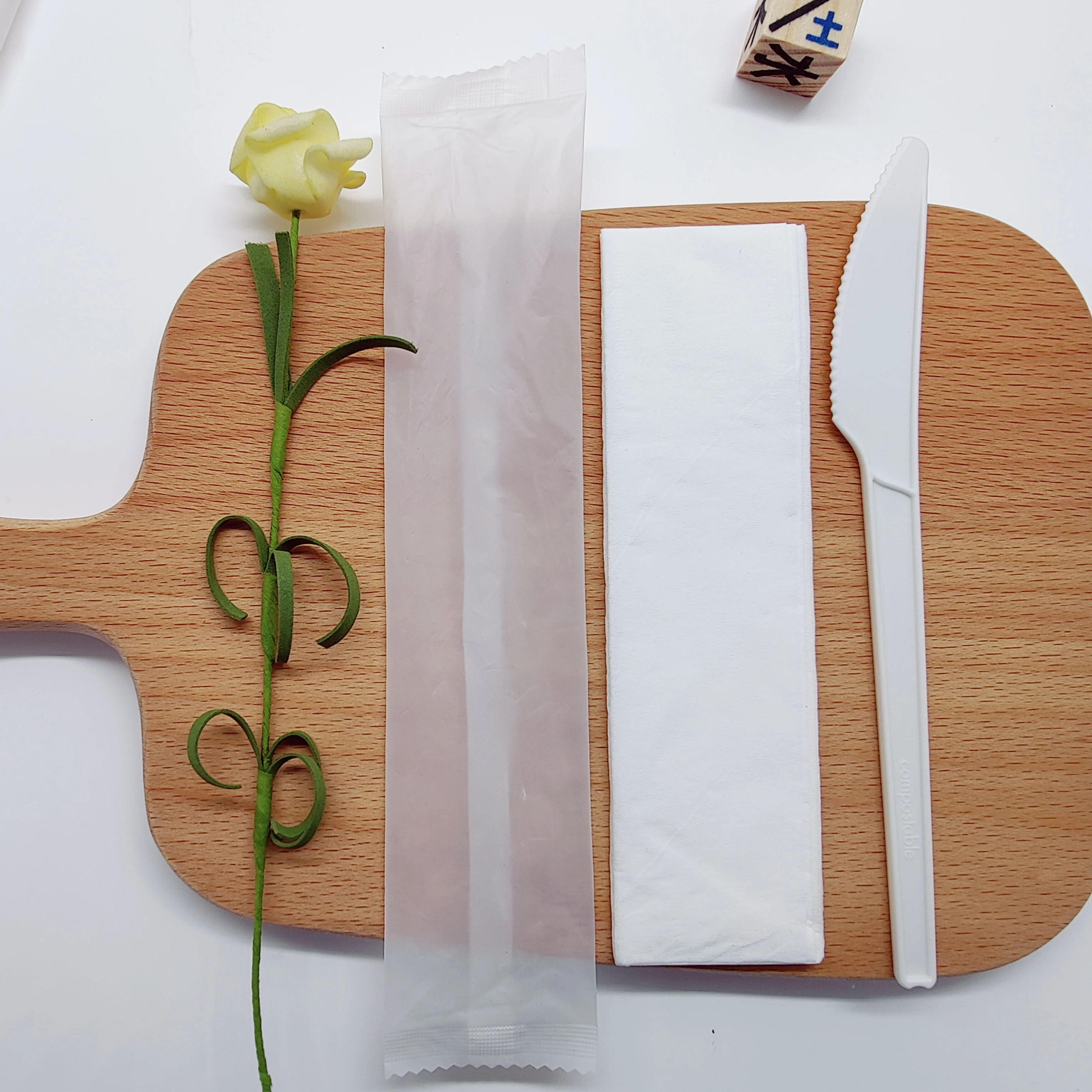 2022 Disposable Compostable cPLA 6.5 inch Knife Bulk wholesale biodegradable cpla cutlery white knife With napkin