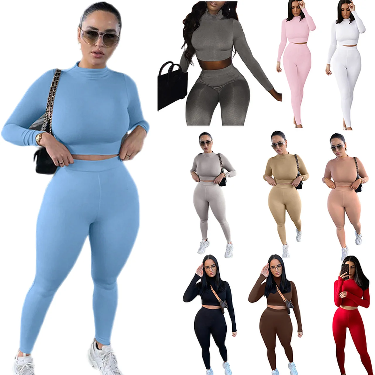 
Fashion Casual Solid Basic Turtleneck Long Sleeve Two Piece Set Custom 2 piece pants set women 