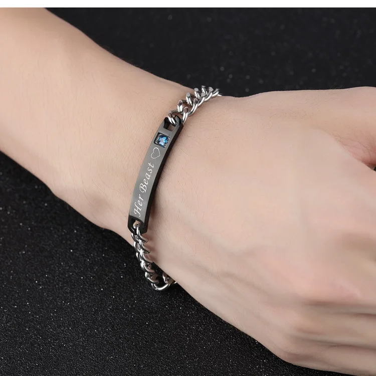 Romantic charm crystal inlaid chain engraved rose gold stainless steel couple bracelet