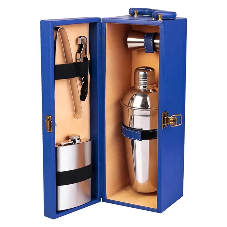 Camping Stainless Steel Bartender Tool Set Hip Flask Shaker Leather Suitcase