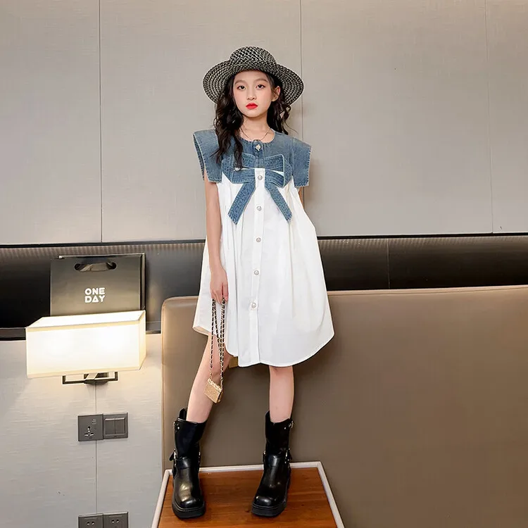 2023 New Fashion Hot Girl Denim Patchwork Sleeveless Shirt Dress White Khaki 5-15 Years