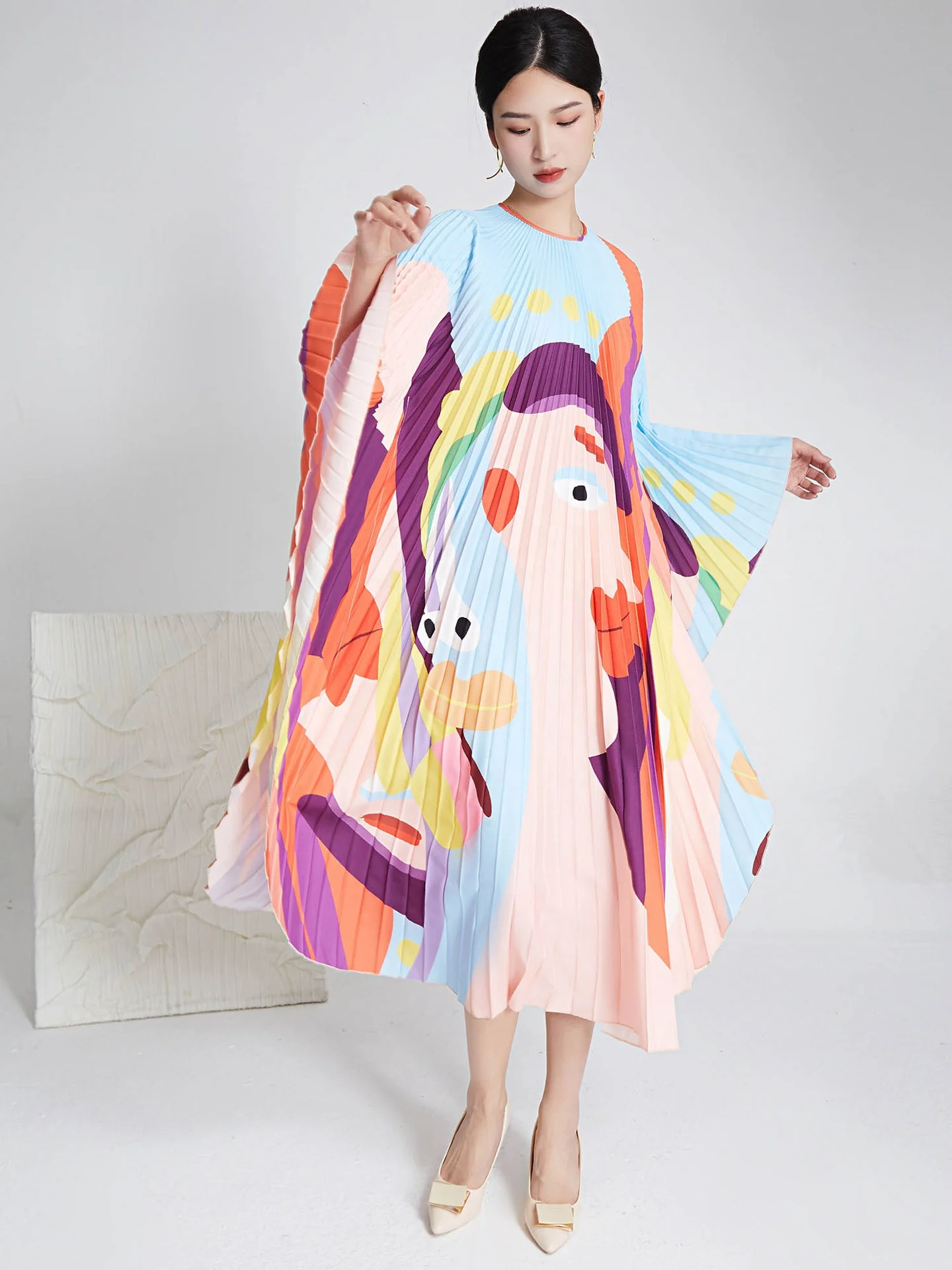 Женское свободное плиссированное платье с длинным рукавом, широкое Модное Длинное платье большого размера с принтом, 2023