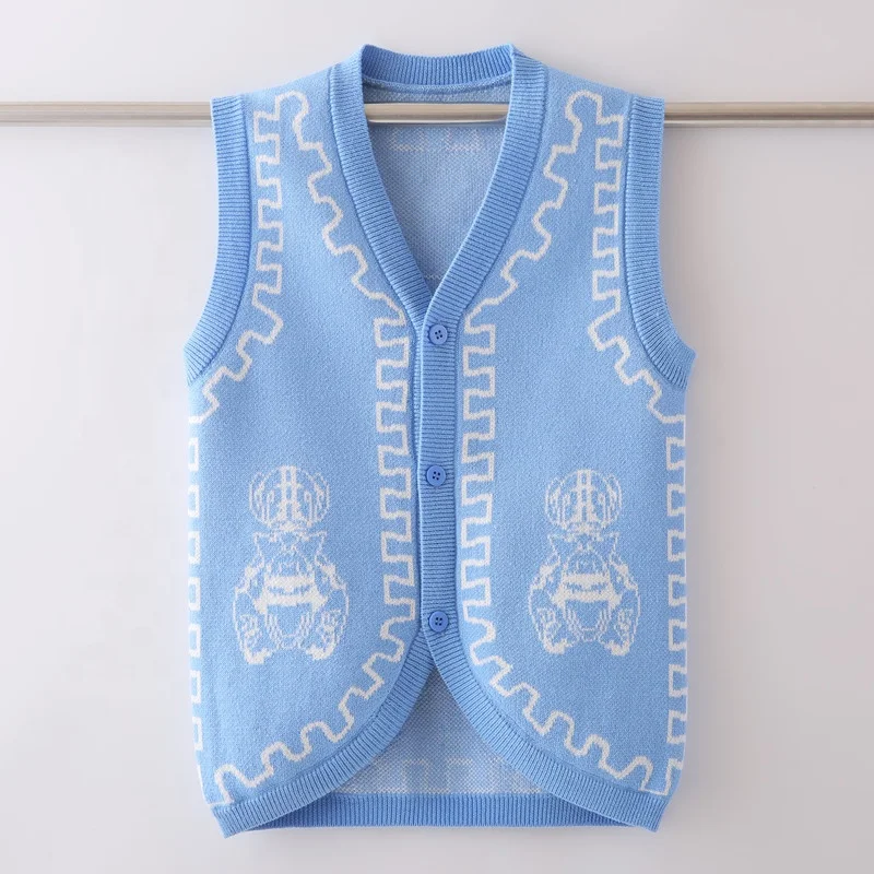 
2022 new design children robot pattern v neck knitted autumn button sweater vest 