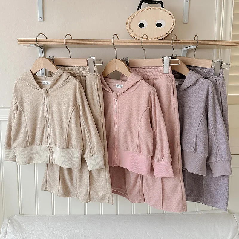 New Wholesale Spring Autumn Teenagers Hoodies Outfits 2pcs Solid Color Casual Clothes Sets for Girls