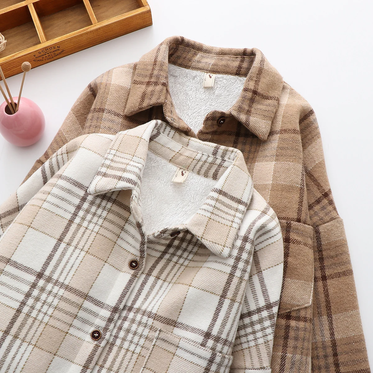 Custom High Quality Full Sleeve Button Down Thick Flannel Plaid Jacket Sherpa Fleece Lined Women Plaid Shirt Shackct