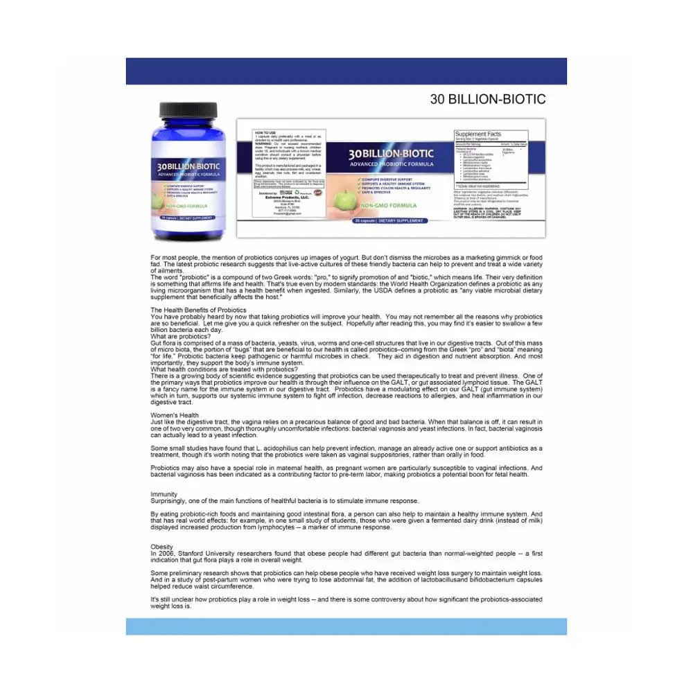 Расширенный пробиотики со светодиодной подсветкой из 30 млрд колониеобразующих единиц для здоровой иммунной системы (30 капсулы)