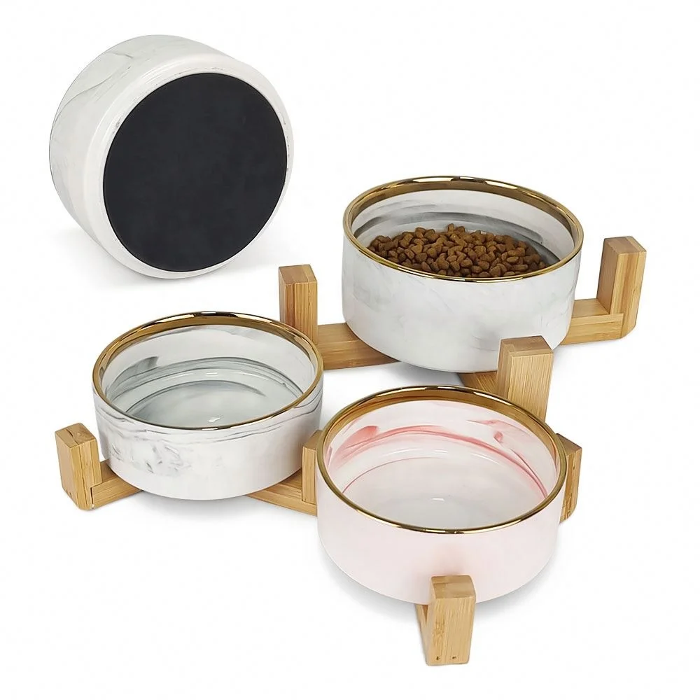 2024  New Customized Logo Cat Bowl Marble Animals Ceramic Pet Bowl Single/Double Ceramic Dog Bowl On Iron Stand For Cats