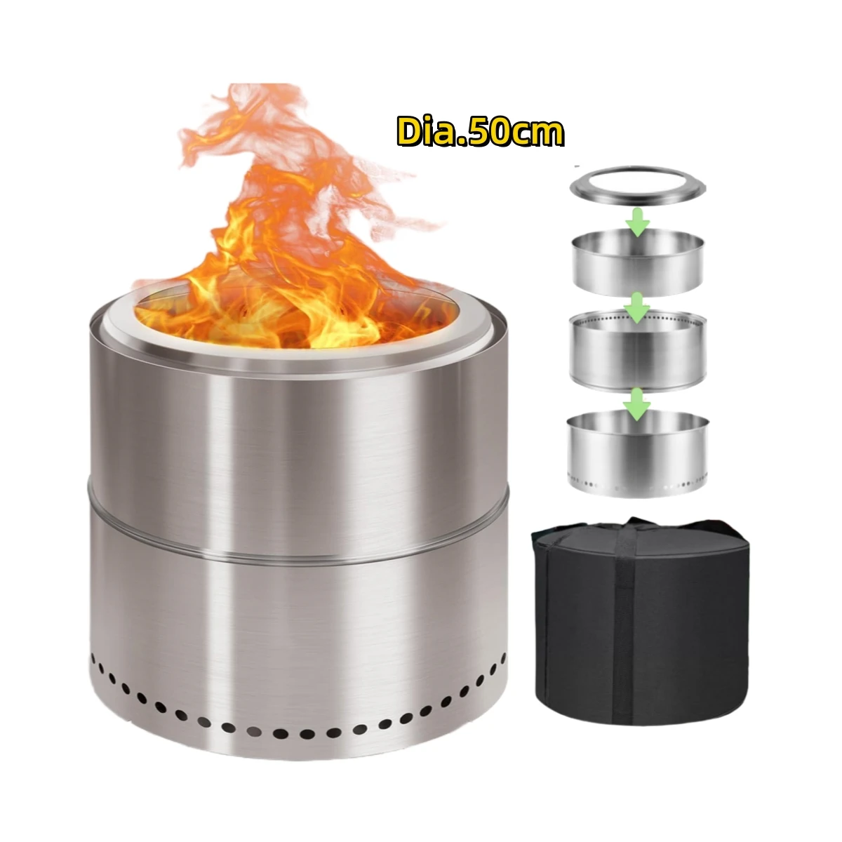 50cm Outdoor Patio Detachable Bonfire Brazier Wood Stove Folding Stainless Steel Camping Smokeless Fire Pit