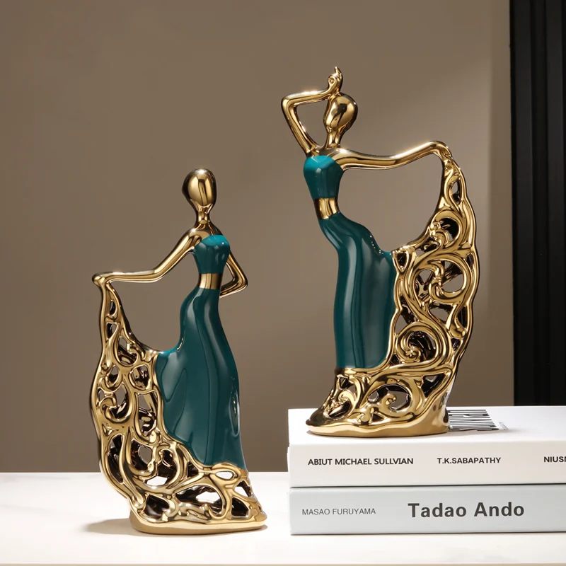 Luxury Nordic Style Gold-plated Dancer Girls Porcelain Ornament Room Decor Creative Ceramic Home Decoration For Christmas Gift