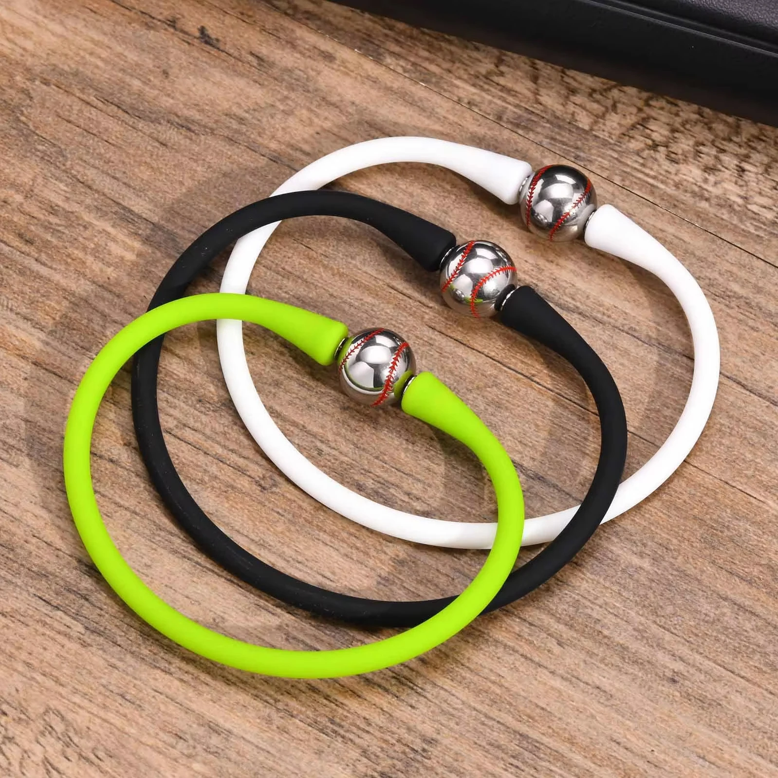 Stainless Steel Football Softball Baseball Black White Silicone Bracelet Sports Bracelet Jewelry
