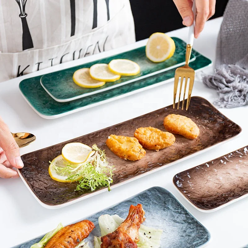 Luxury 10 inch Marble Rectangular Japanese ceramic Sushi Plate set Stone grain Restaurant Dinner Plates