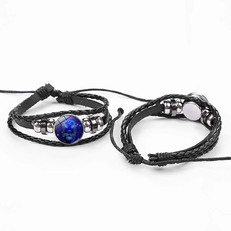 Punk 12 Zodiac Signs Animal Charm Multilayer Braided Bracelet with Glass Gem Luminous Black Leather Bracelet for Men and Women