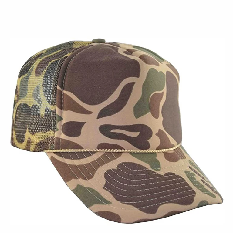 5 panel Custom 112 hats sublimation printing gym polyester camouflage mesh cap hunting snapback camo foam trucker hat  with rope