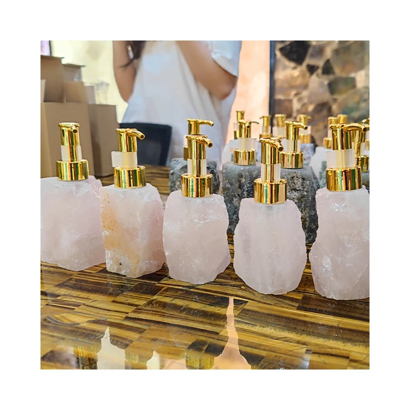 Natural Rose Quartz Pink Crystal Stone Dispenser Bottle For Bathroom Wash Basin
