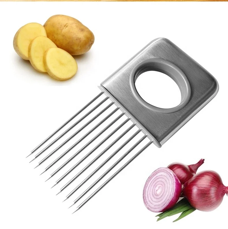 Wholesale kitchen stainless steel handheld vegetables fruits beef tender meat potato lemon onion holder slicer