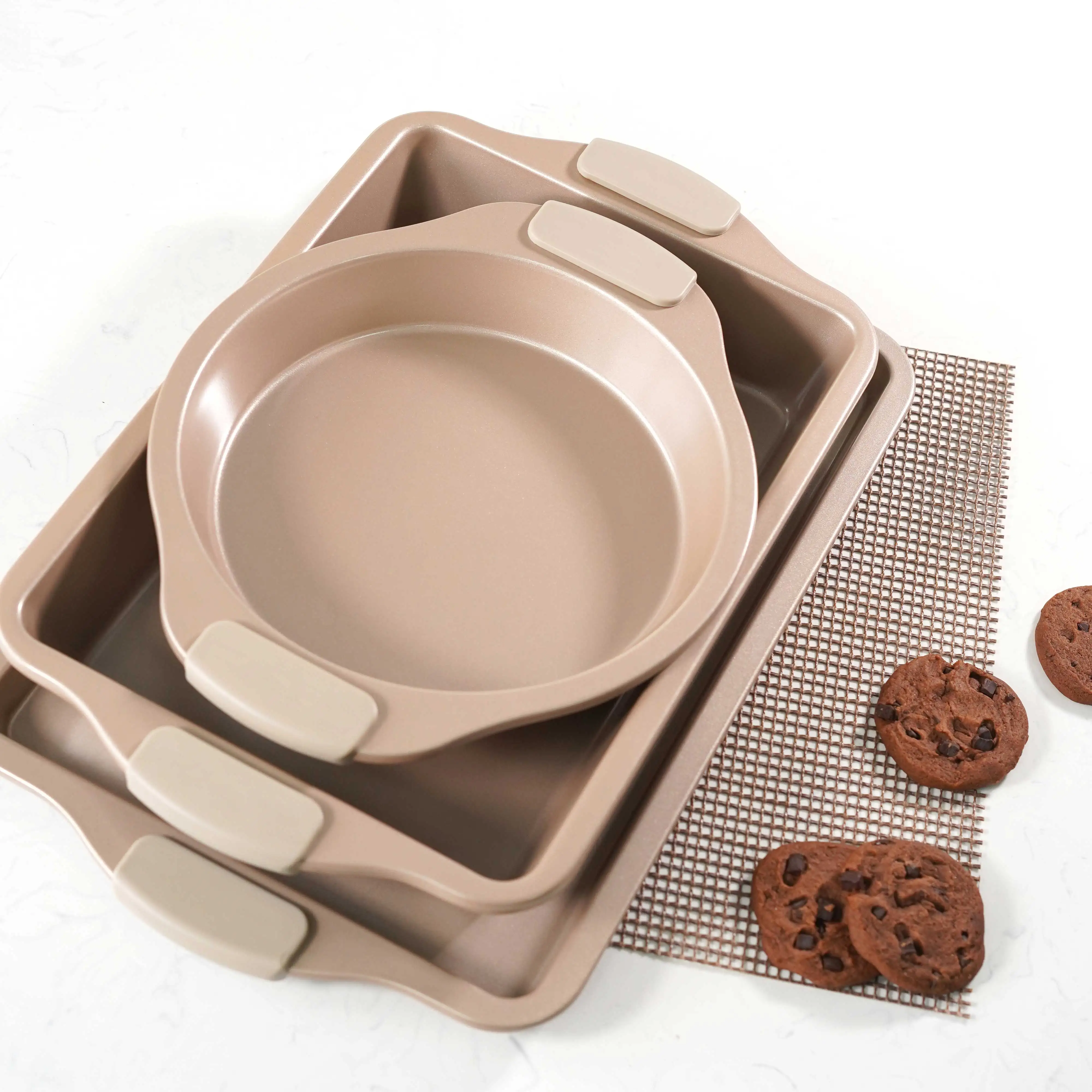 
amazon hot sale set of 3 champagne gold deep baking loaf cake bread pans bakeware set with grips 