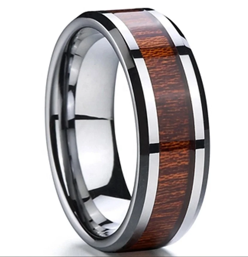 High quality classic Tungsten carbide cove koa wooden inlay epoxy men ring custom