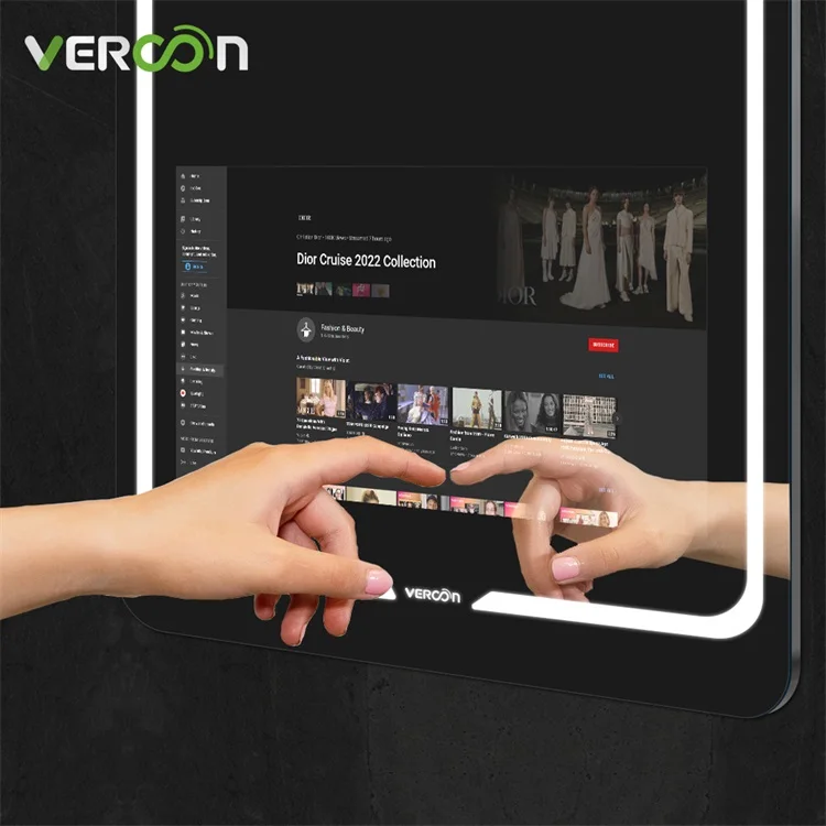 Vercon Modern Style Rectangular Time Display Mirror Bathroom Customized Led Backlit Defogger Smart Mirror