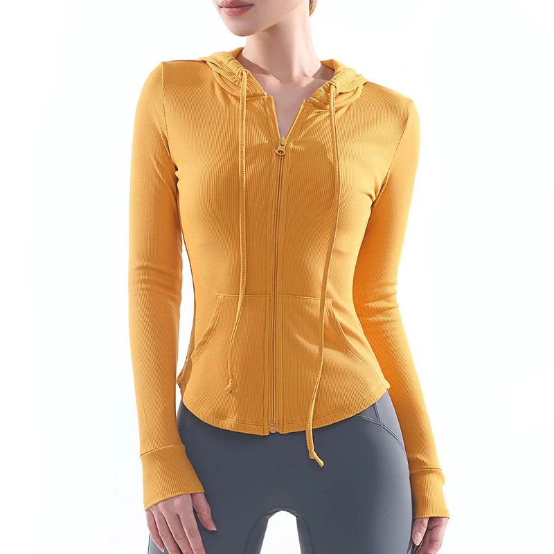 Slim yoga fitness wear sports tops women training running long sleeved hooded jacket