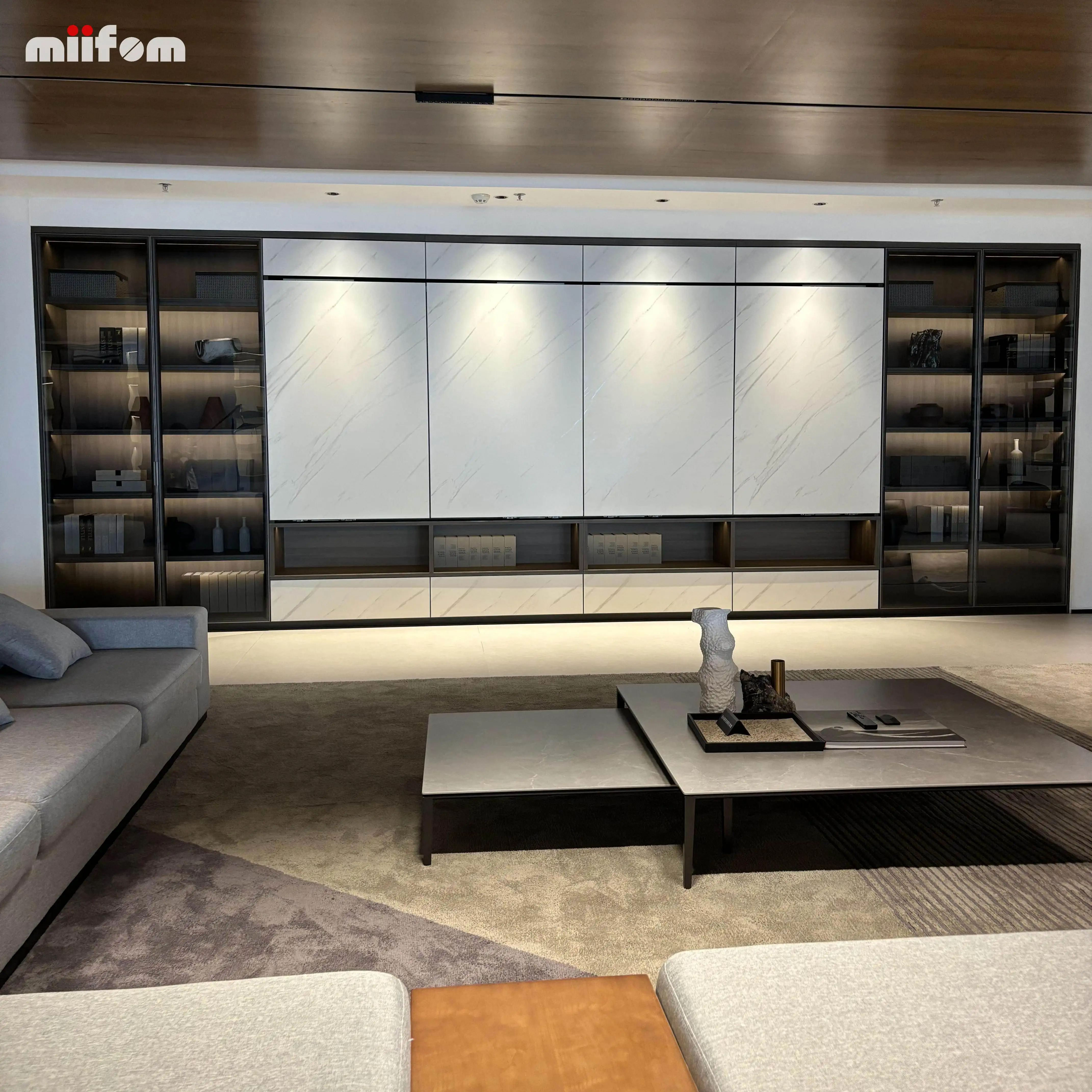 wave white slate door panel full wall TV cabinet with glass displayed cabinet and open area