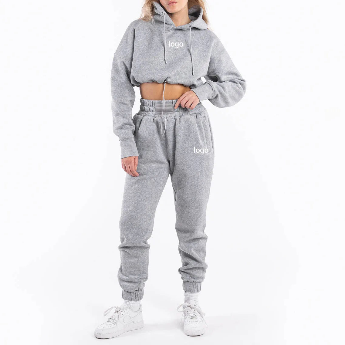 High Quality Custom Fashion Women Knitted Sportswear Set Soft Fleece Cropped Hoodie Jogging Sweatpants Women Tracksuits Set