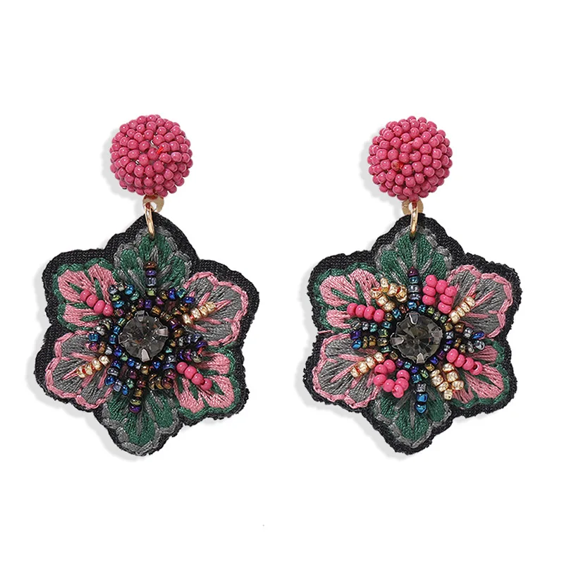 2022 New Design Embroidery Fabric Handmade Rice Bead Earrings Colorful Flower Leaf Handmade Drop Earrings