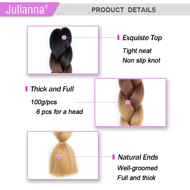 Julianna Hot selling High Temperature Fiber Synthetic 24inch 100 gram unfolded 48inch Ombre Ultra Braiding Hair Jumbo Braid Hair
