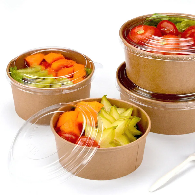 100% Eco Friendly Disposable Brown Kraft Paper Salad Bowl With Lid