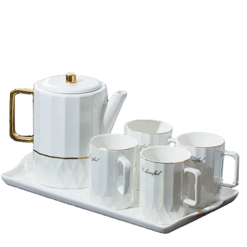 
Hotel Restaurant Rhombus White Color Ceramic Tea Pot With Tray And Cup Set 