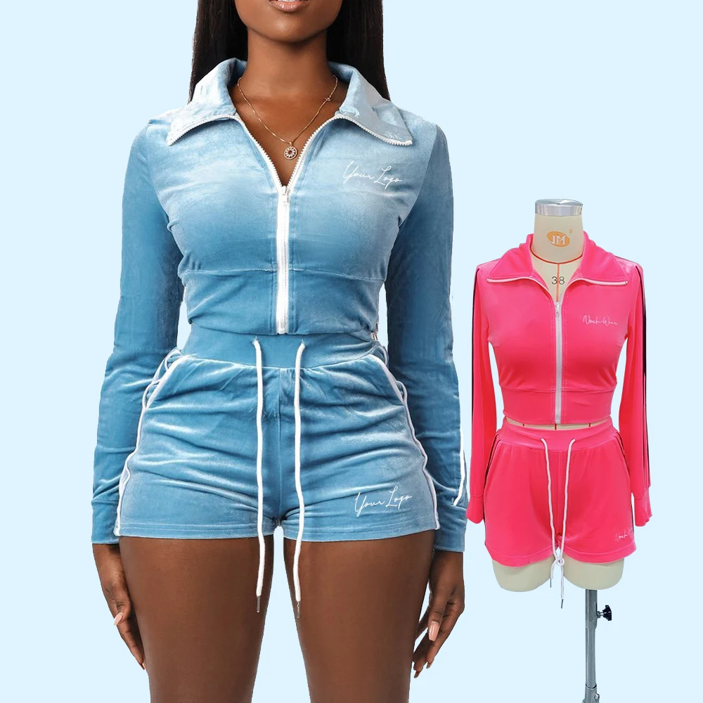 huilin custom cropped velour tracksuit zip through womens tracksuits 2 piece set blank shorts sets tracksuit outfits for women