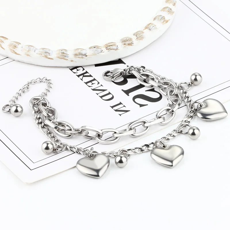 Adjustable Stainless Steel Bracelet with Heart & Beads Elements Unisex DIY Jewelry Accessory & Findings for Gift