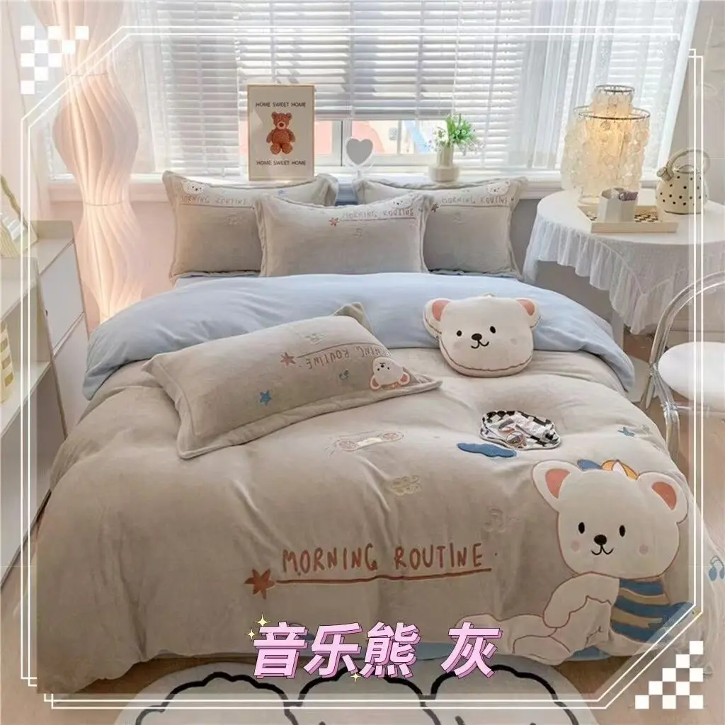 4pcs Kids Polyester Flannel Bedding Set Cute Cartoon Thicken Duvet Cover Quilted King/Queen/Twin Soft Linen Animal Bedroom