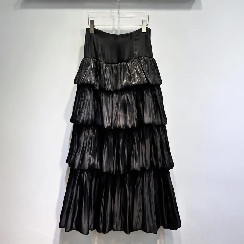 New 2025 Spring Long Skirt High Quality Women High Waist Cascading Ruffle Flower Patterns Long Maxi Skirt Green Black Party Wear