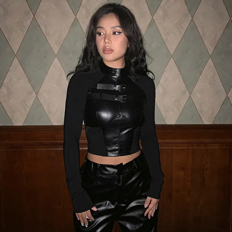 Women Gothic Clothing Faux Leather Patchwork T-shirts Girl Punk Style Long Sleeve Slim Fit T Shirt