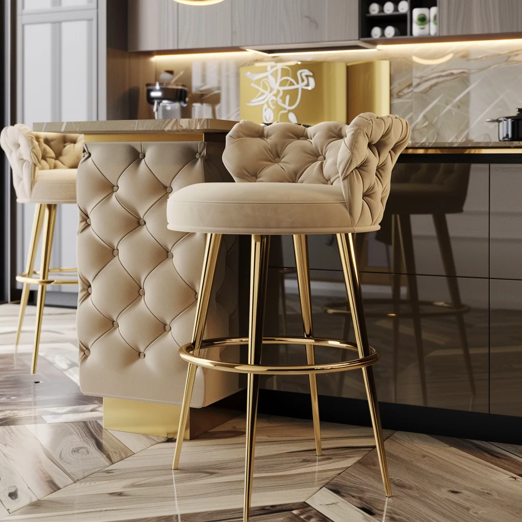 Factory Modern Luxury Tufted Nailed Velvet Swivel Metal High Chair Bar Stool Chair For Bar Table With Back Rest