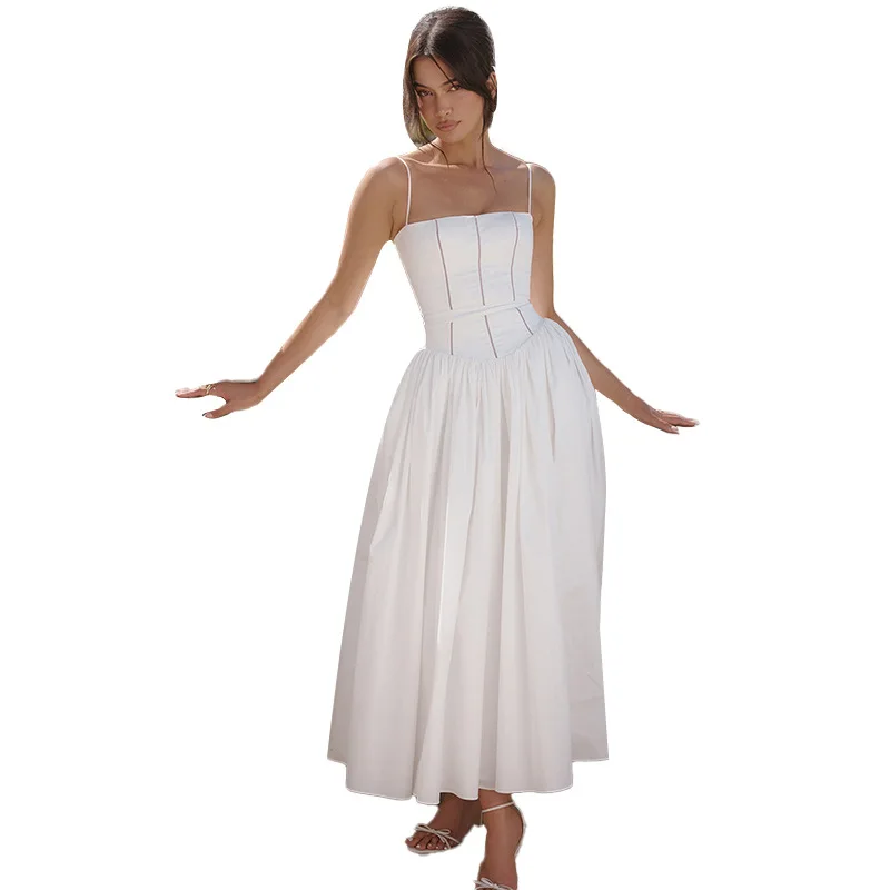 2024 New style hot sale hollow out lace bohemian aesthetic straps sling long dress for women
