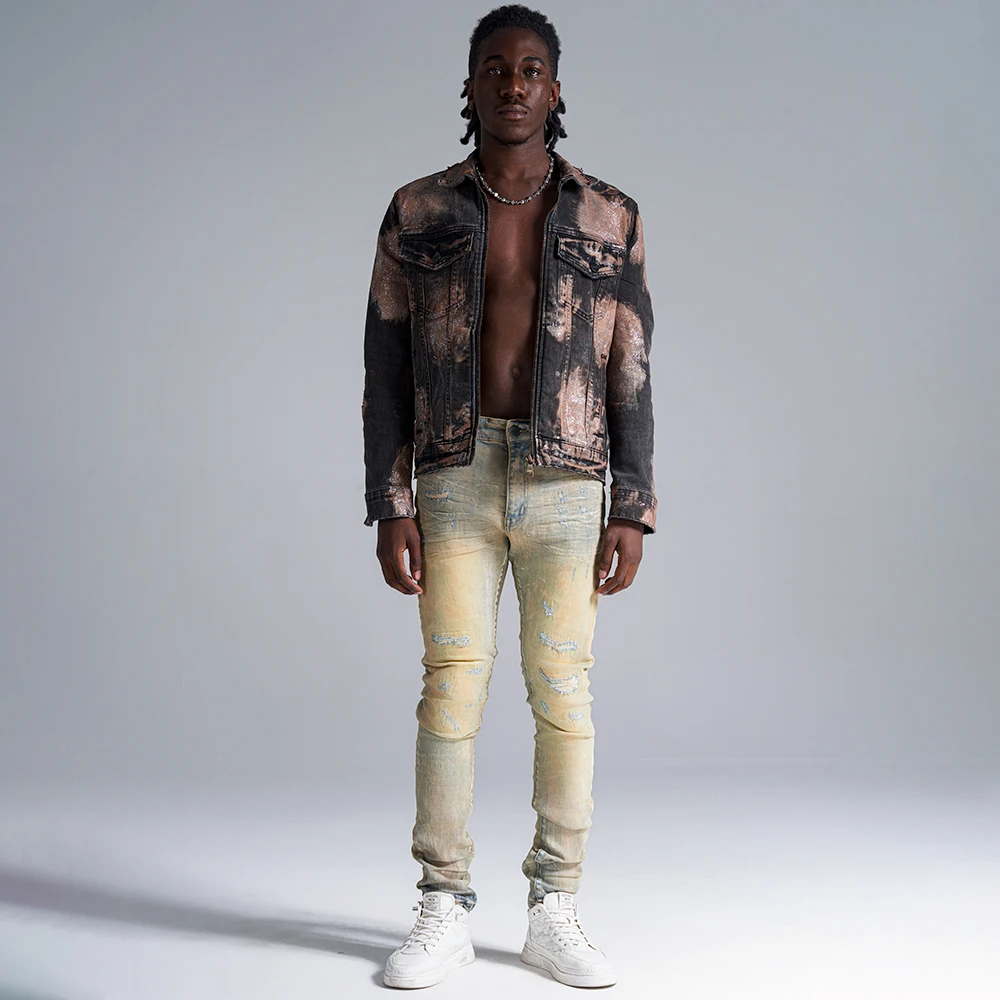 Wholesale OEM Slim Fit Jeans Fashionable Dark Wash Skinny Fit Clothing Heavyweight Soft Denim with Selvedge Pattern Decoration