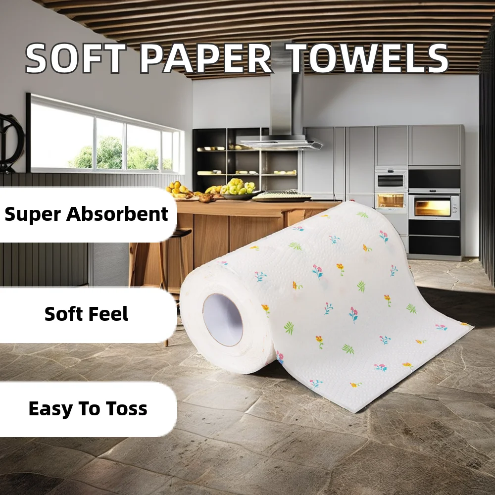 Wholesale Ultra Soft Disposable Kitchen Paper Towel Roll Custom Logo Printed Pattern 2-Ply Virgin Wood Pulp Layer