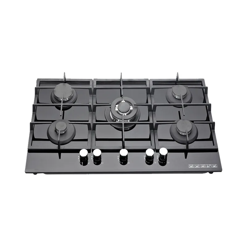 Quality 5 Burner Gas Stove Black Built-in Gas Hob Heavy Cast Iron Tempered Glass Kitchen Appliance for Outdoor RV Use Made China