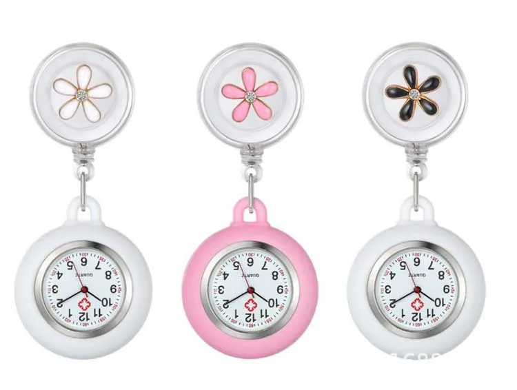 Lovely Flower Nurse Doctor Retractable Pocket Watches Hospital Medical Badge Reel Love Heart Stethoscope Syringe Clips Watches
