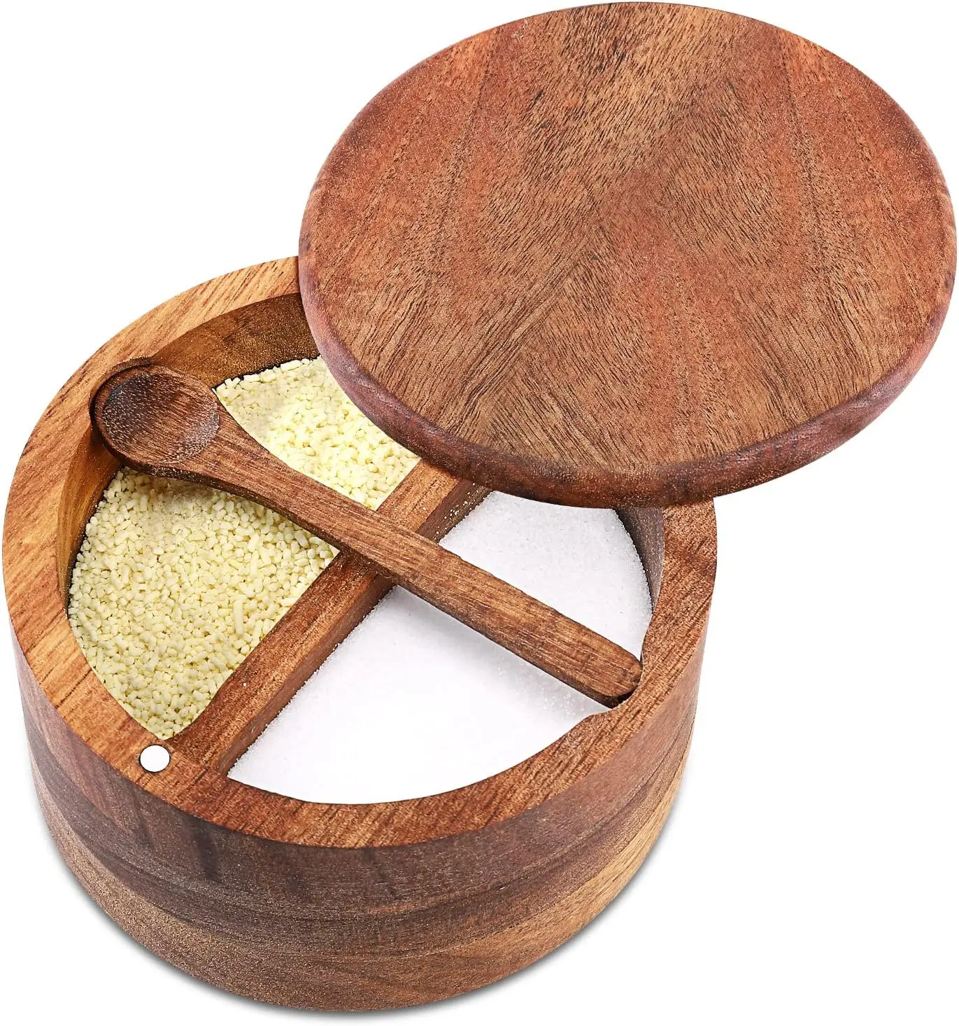 custom premium sugar bowl salt cellar box bowl wood seasoning round acacia wood salt and pepper bowl container
