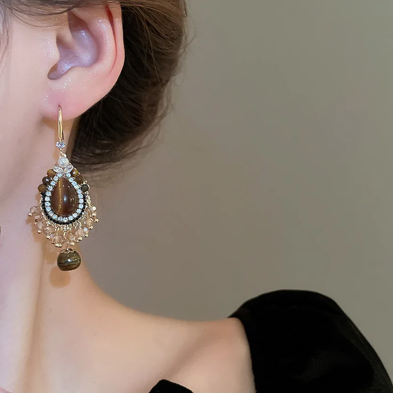Tiger Eye Stone Style Tassel Earrings Vintage Design Earrings French Personalized Palace Style Earrings for Women