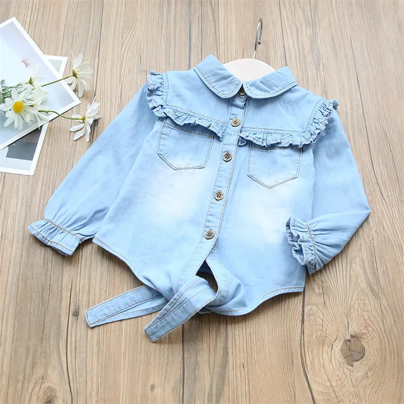 Джинсовая рубашка с бантом и оборками для девочек, джинсовый топ, детская джинсовая рубашка с длинным рукавом для маленьких мальчиков и девочек