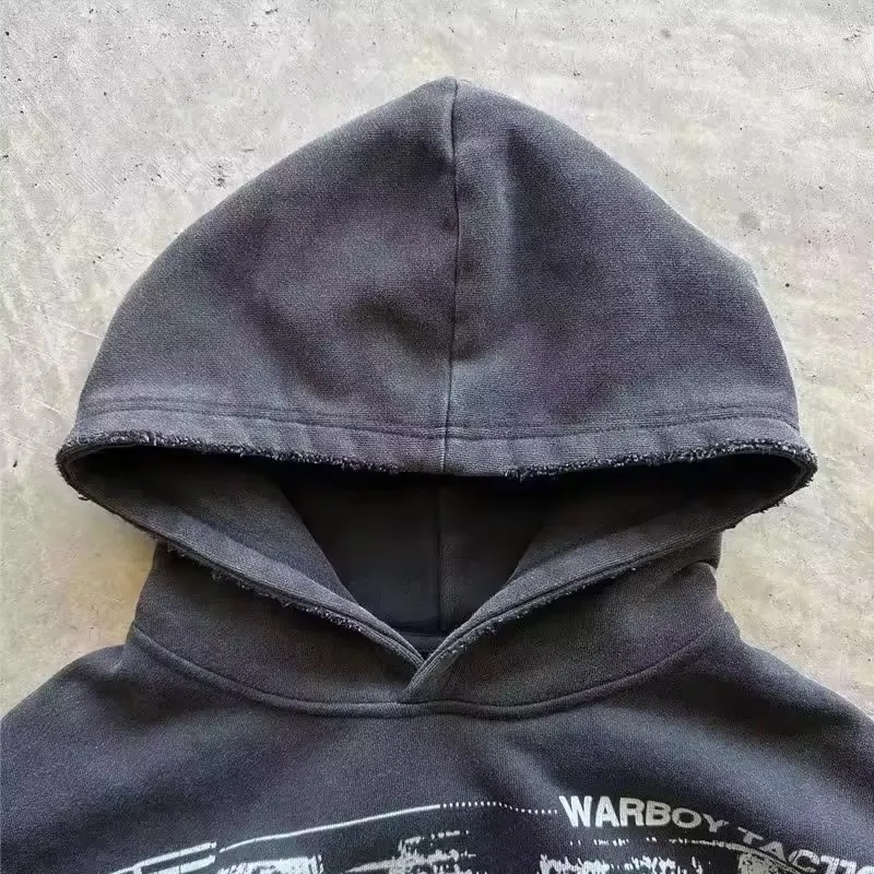 Custom cut edge heavyweight cotton terry 420gsm acid washed pullover hoodies no hem thick dtg screen print cropped hoodie men