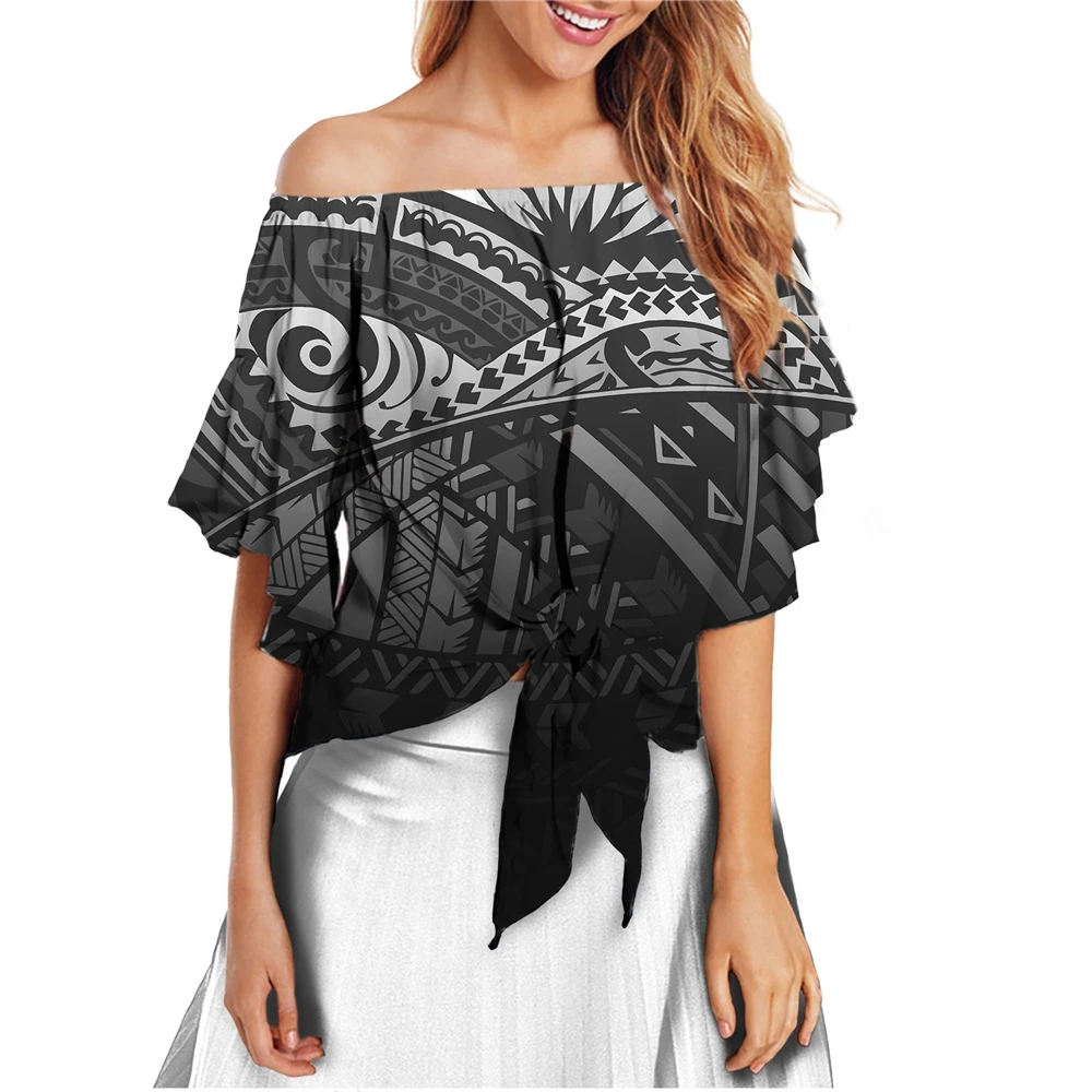 Hawaiian Samoan Polynesian Tribal Tattoo Designs Shirts Ruffle 3/4 Sleeve Tie Knot Blouses Off The Shoulder Sexy Tops for Ladies
