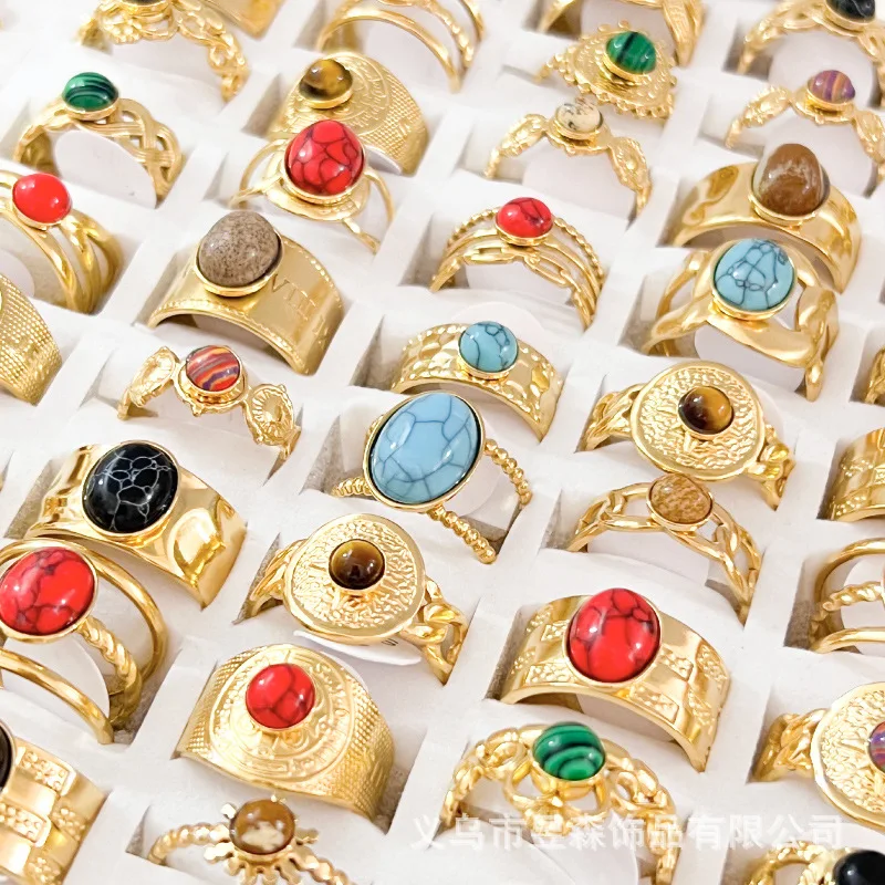 Wholesale Bulk Stainless Steel Ring Man Women Jewelry No Fade Natural Stone Ring Pvd 18k Vintage Ring